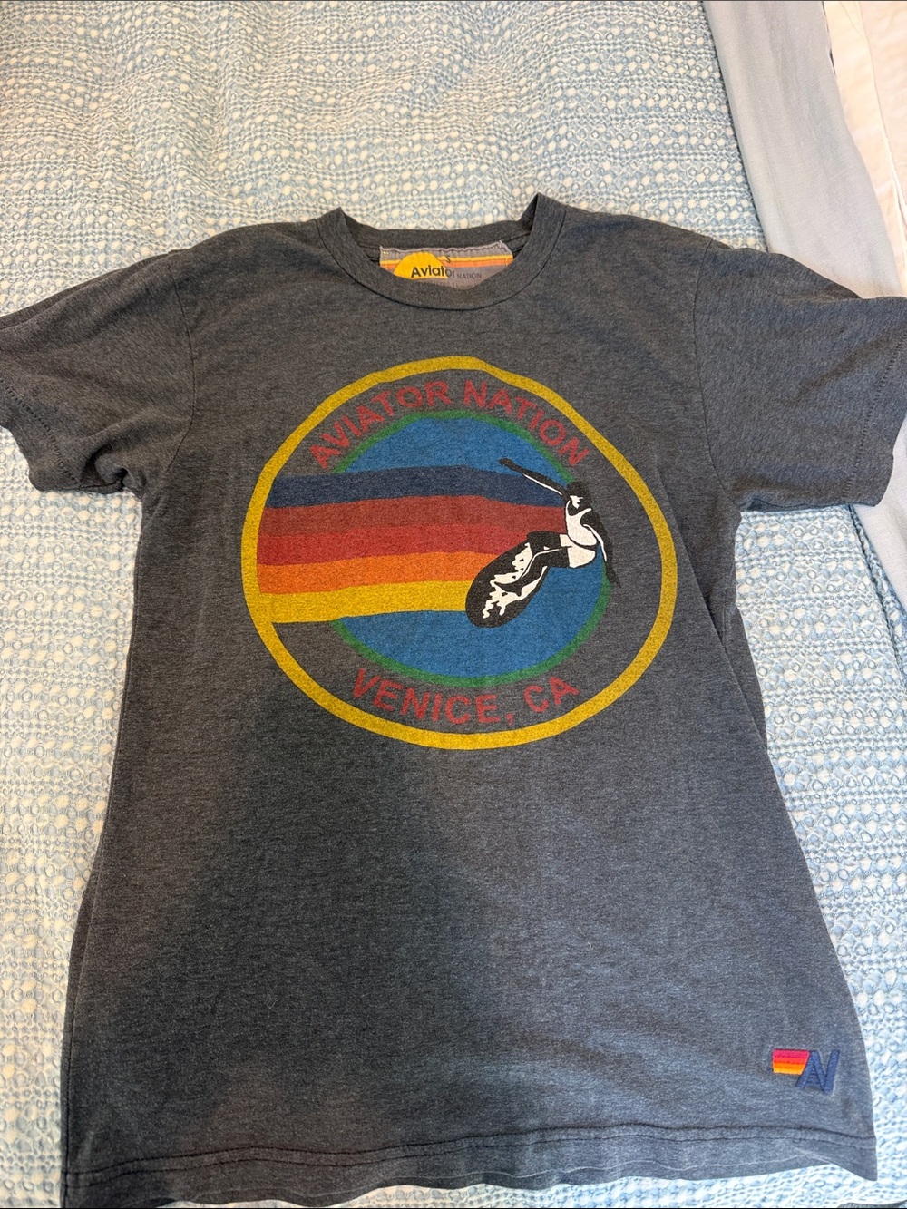 Aviator Nation Gray Short Sleeve Tee with Rainbow Surf Logo